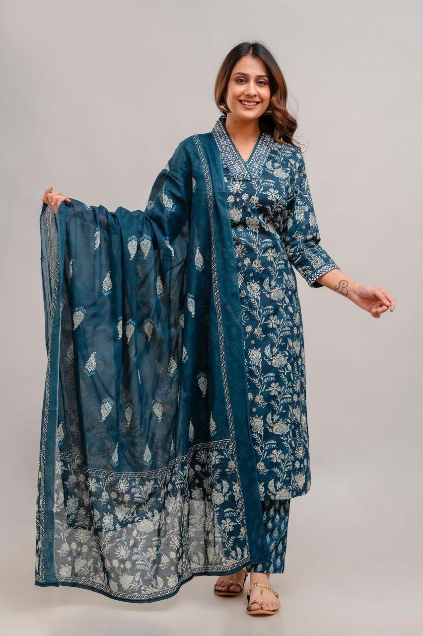 Hand Embroidered Sequence Pure Cotton Blue Kurta With Trousers & Dupatta