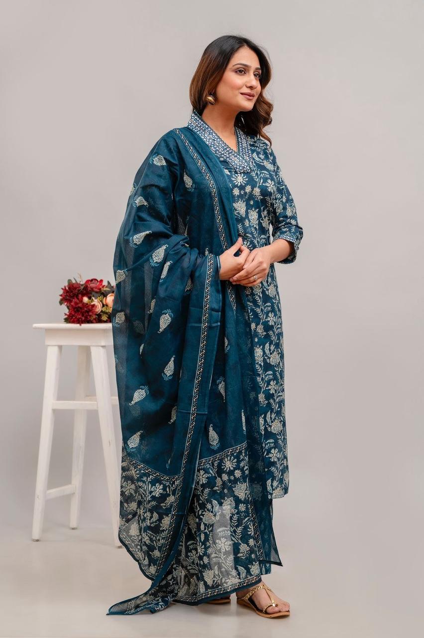 Hand Embroidered Sequence Pure Cotton Blue Kurta With Trousers & Dupatta