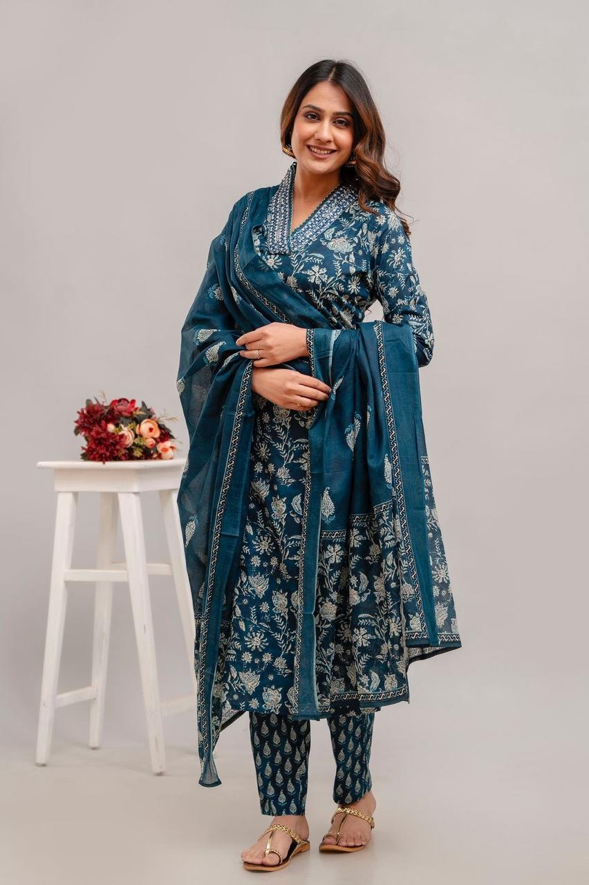 Hand Embroidered Sequence Pure Cotton Blue Kurta With Trousers & Dupatta