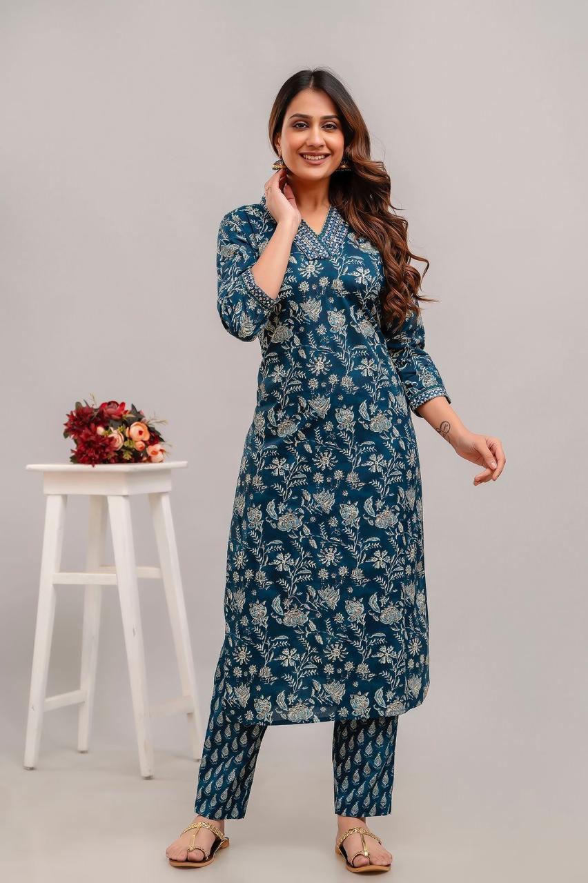 Hand Embroidered Sequence Pure Cotton Blue Kurta With Trousers & Dupatta