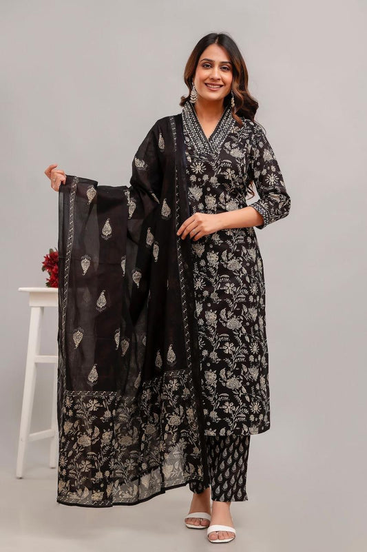 Hand Embroidered Sequence Pure Cotton Black Kurta With Trousers & Dupatta