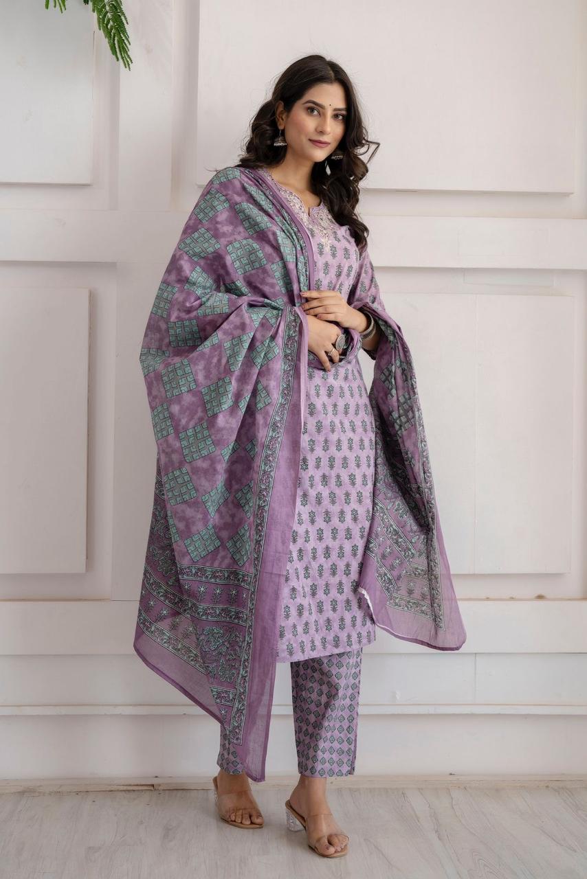 Hand Embroidered Sequence  Cotton Purple Kurta With Trousers & Dupatta