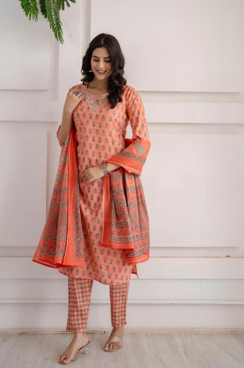 Hand Embroidered Sequence Pure Cotton  Peach Kurta With Trousers & Dupatta