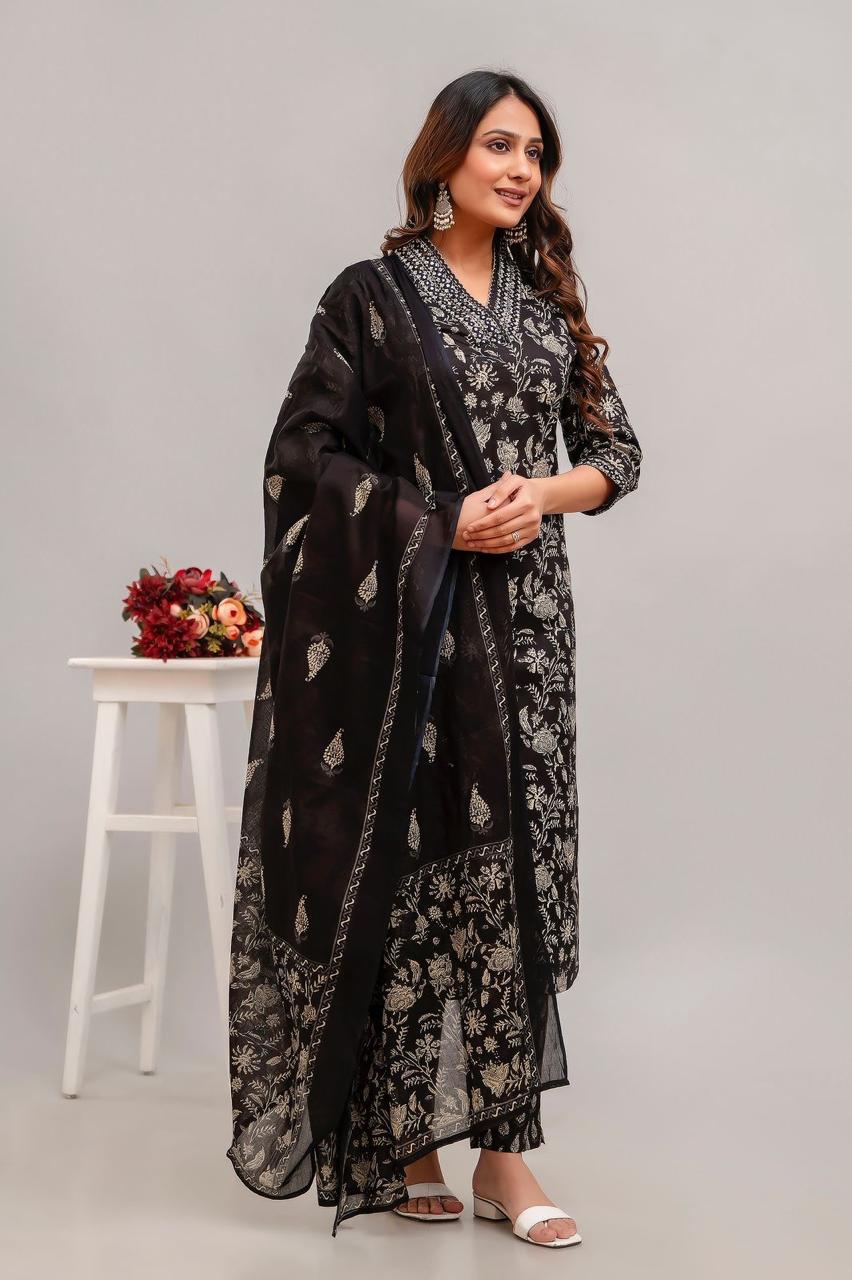 Hand Embroidered Sequence Pure Cotton Black Kurta With Trousers & Dupatta