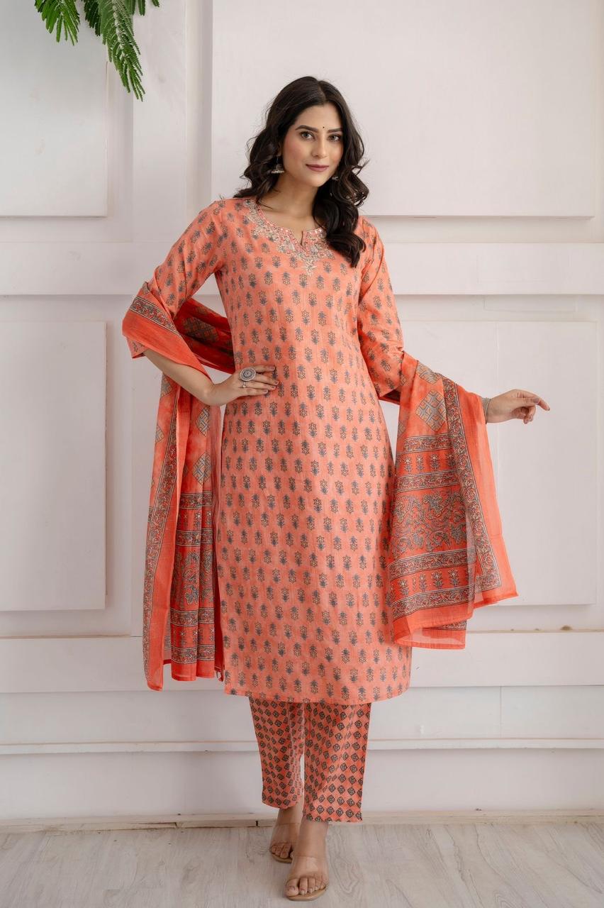 Hand Embroidered Sequence Pure Cotton  Peach Kurta With Trousers & Dupatta