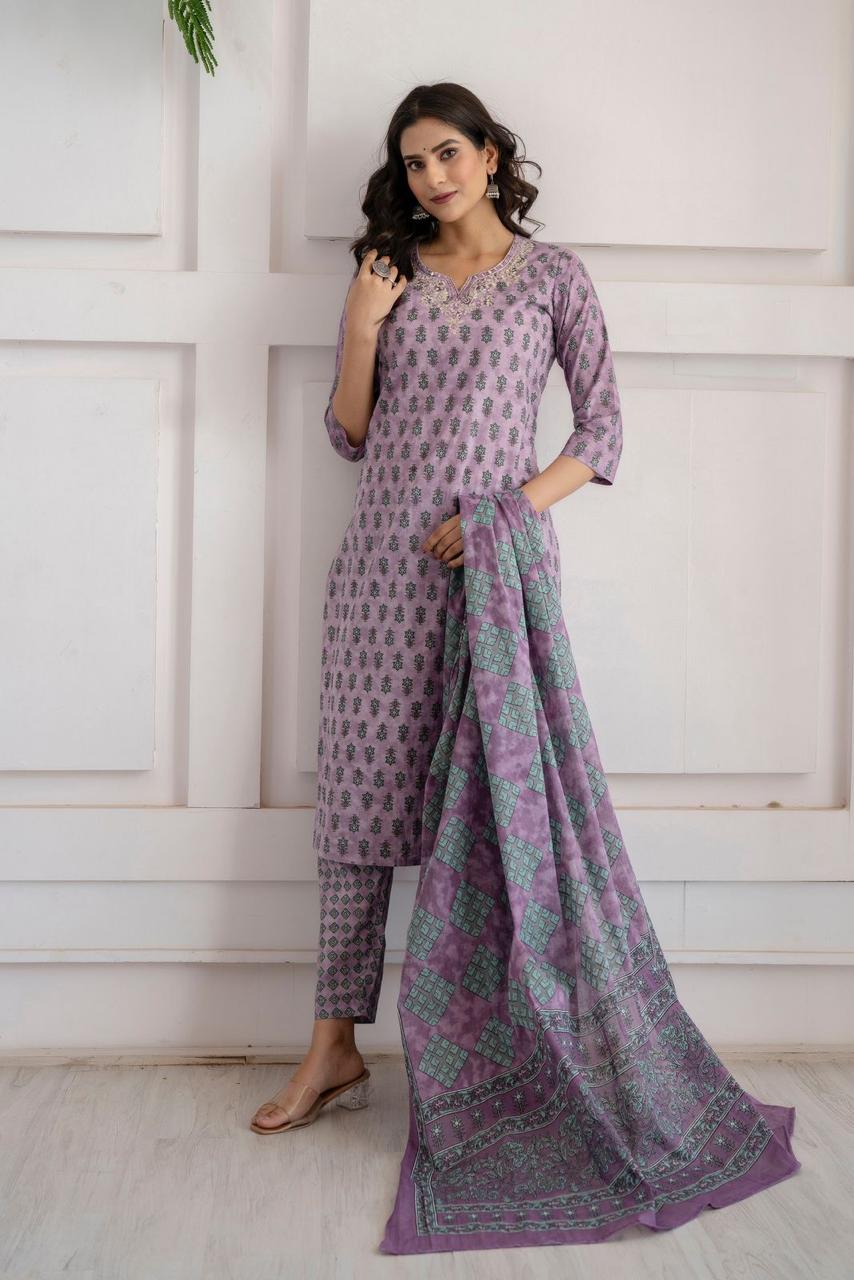 Hand Embroidered Sequence  Cotton Purple Kurta With Trousers & Dupatta