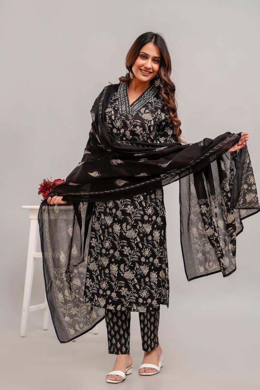 Hand Embroidered Sequence Pure Cotton Black Kurta With Trousers & Dupatta