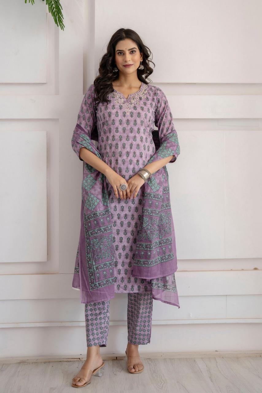 Hand Embroidered Sequence  Cotton Purple Kurta With Trousers & Dupatta