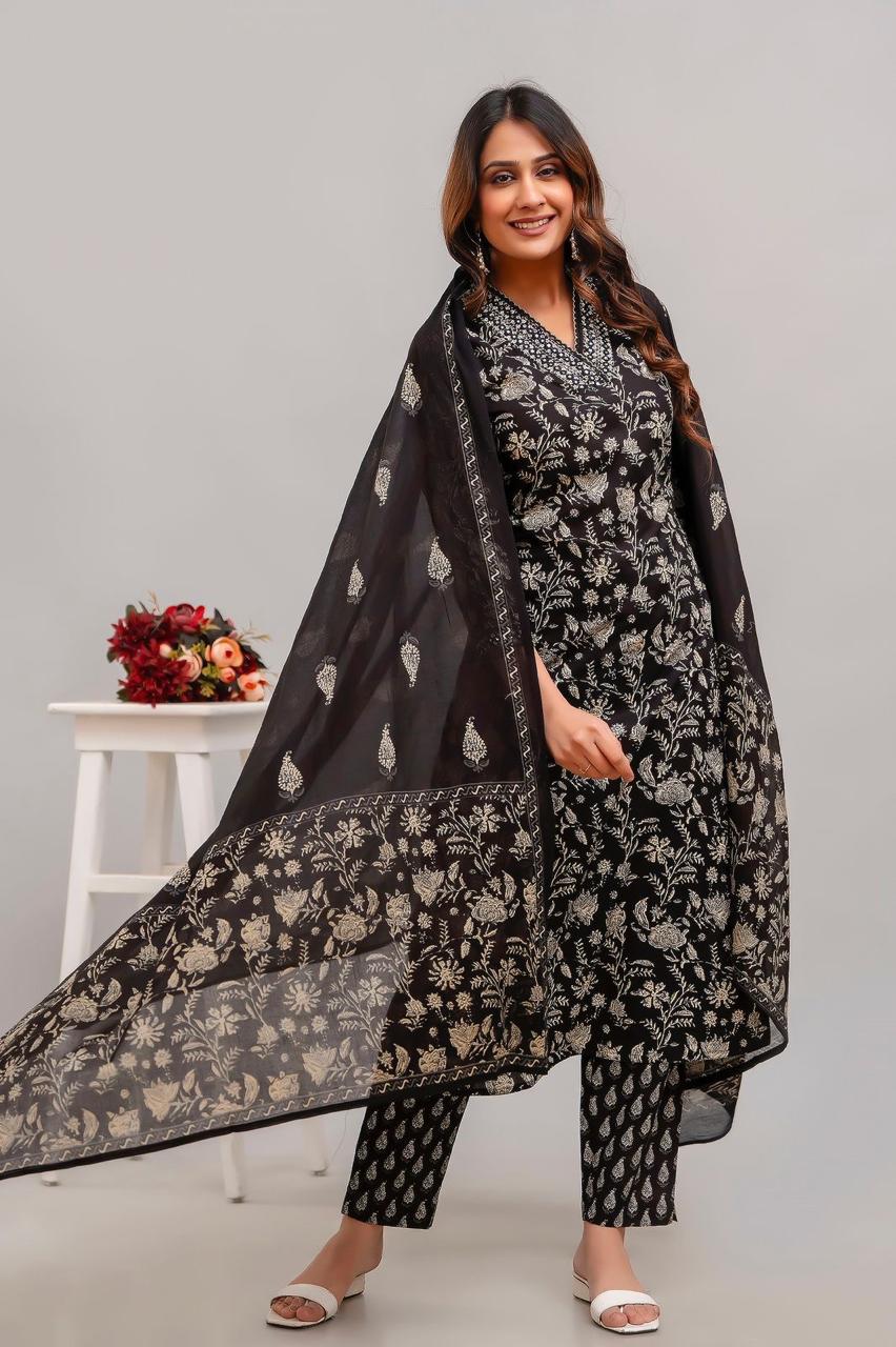 Hand Embroidered Sequence Pure Cotton Black Kurta With Trousers & Dupatta