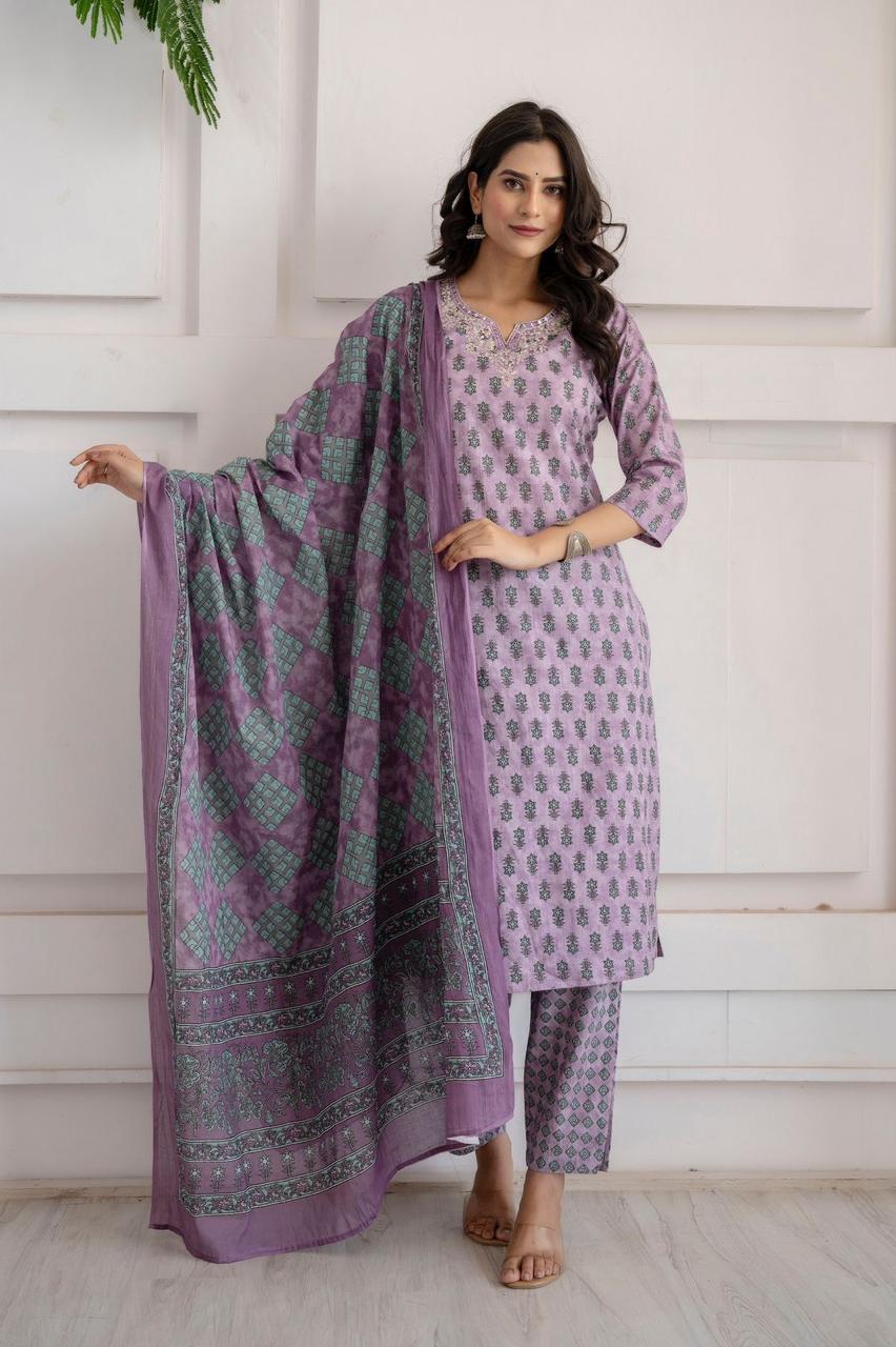 Hand Embroidered Sequence  Cotton Purple Kurta With Trousers & Dupatta