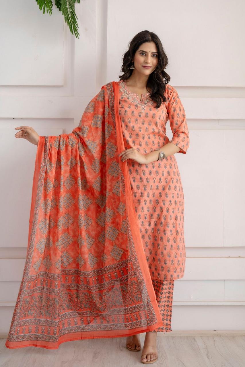 Hand Embroidered Sequence Pure Cotton  Peach Kurta With Trousers & Dupatta