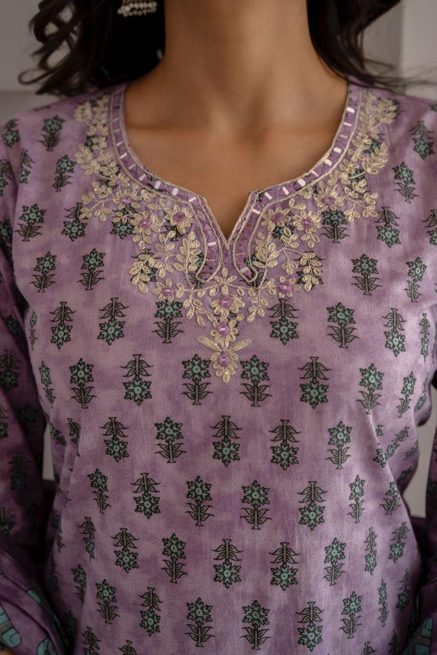 Hand Embroidered Sequence  Cotton Purple Kurta With Trousers & Dupatta