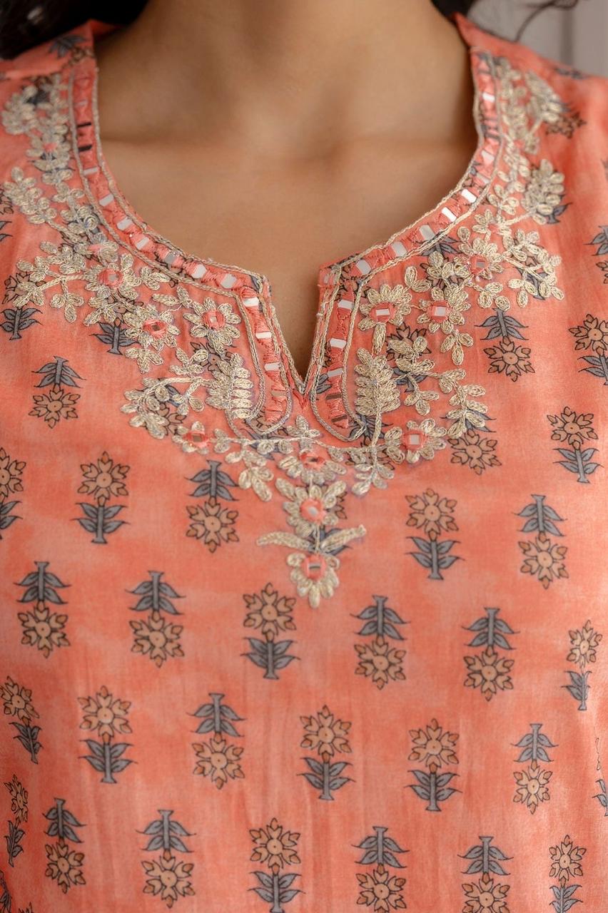 Hand Embroidered Sequence Pure Cotton  Peach Kurta With Trousers & Dupatta