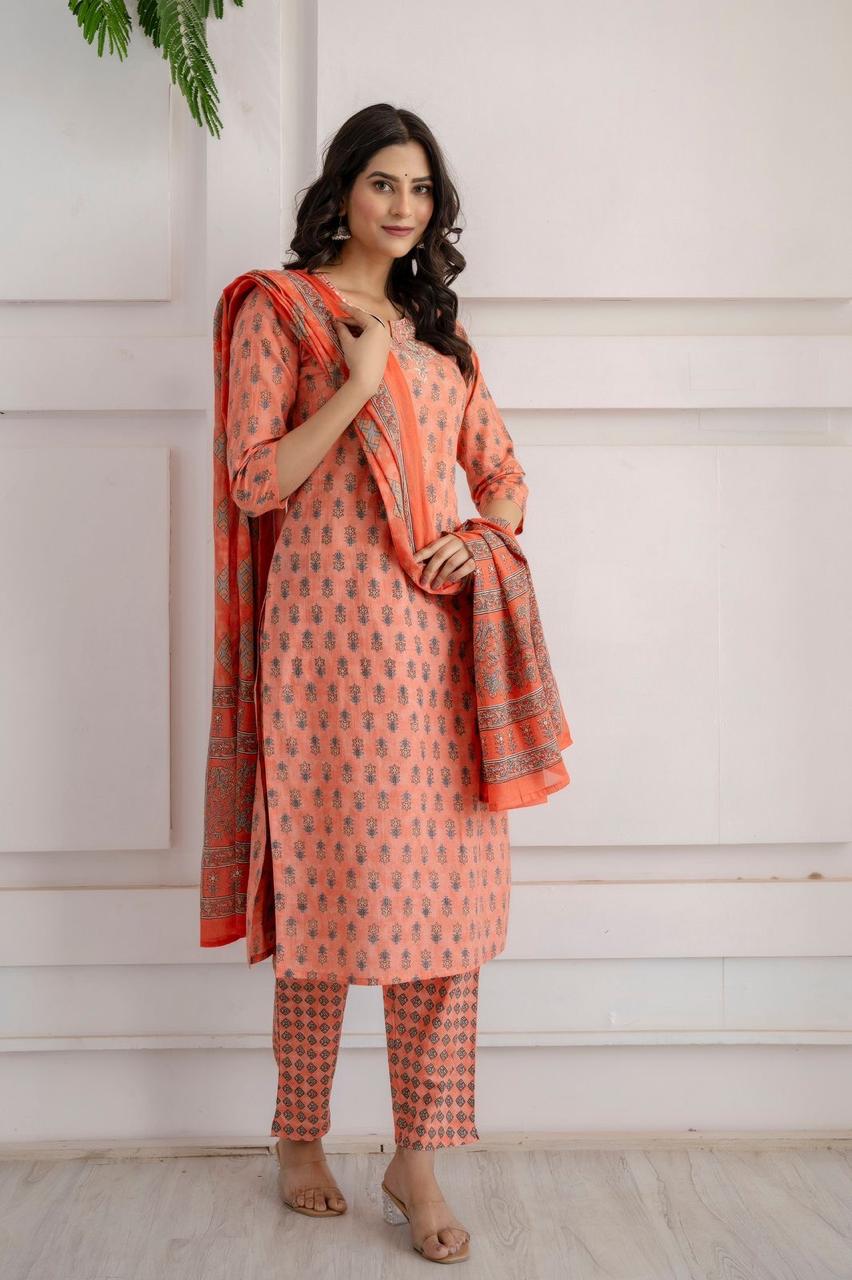 Hand Embroidered Sequence Pure Cotton  Peach Kurta With Trousers & Dupatta