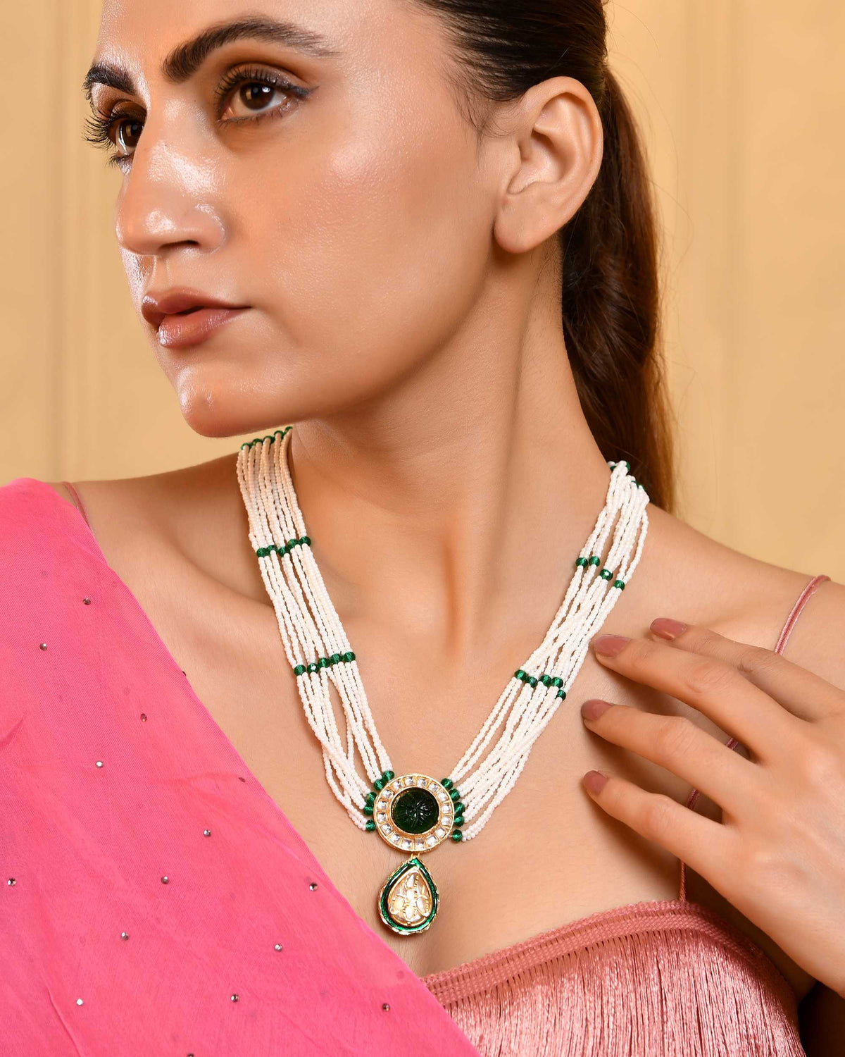 Pearl Beaded Necklace for Women | Green & White Multi-Strand Necklace with Pendant | Traditional Ethnic Artificial Jewellery