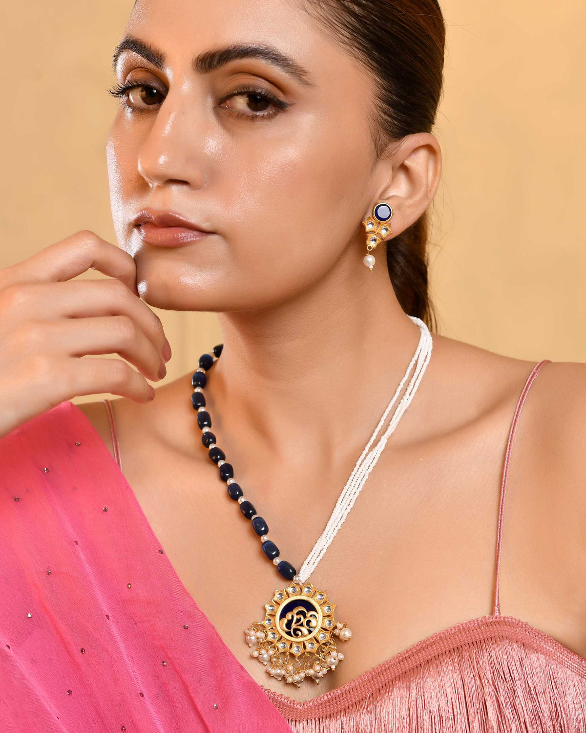 Pearl Detailing & Pendant Necklace Set with Earrings for Women | Traditional Ethnic Jewellery Set