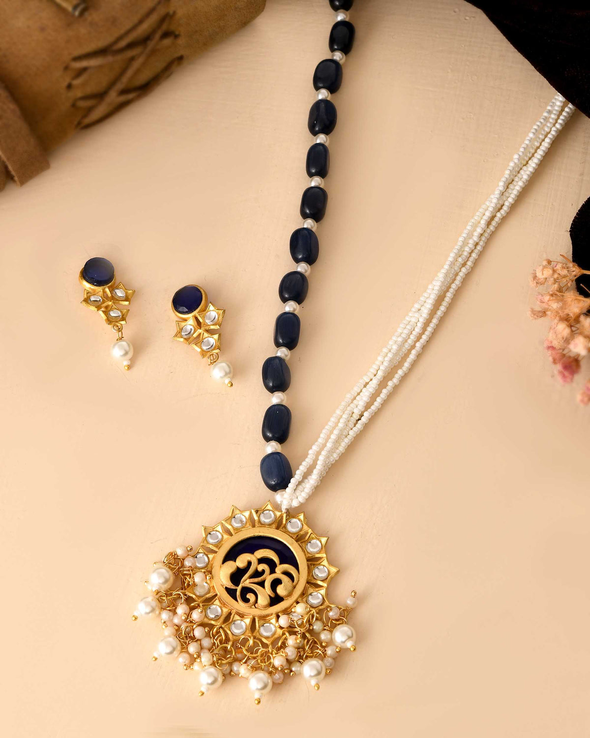Pearl Detailing & Pendant Necklace Set with Earrings for Women | Traditional Ethnic Jewellery Set