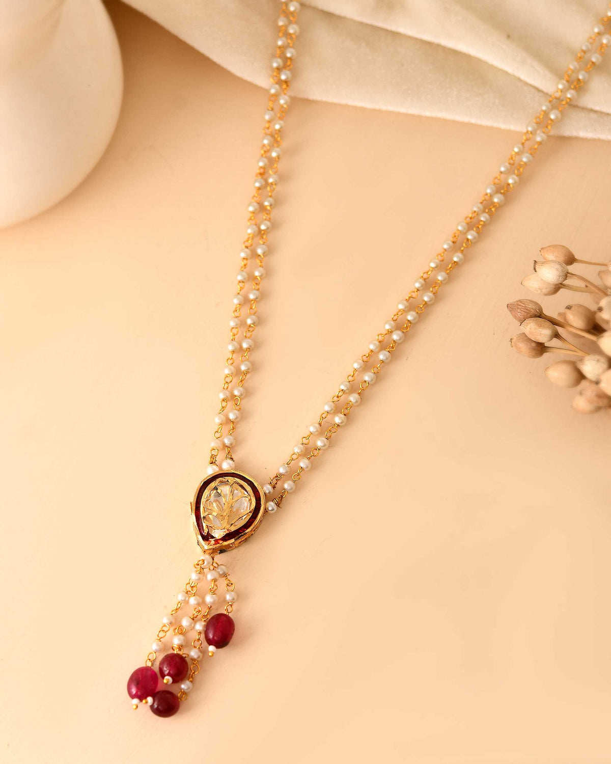 Gold Plated Pearl Beaded Necklace for Women | Long Necklace with Floral Pendant | Traditional Ethnic Artificial Jewellery