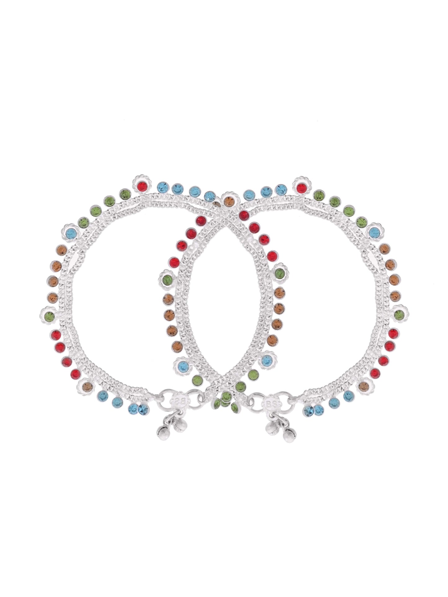 Silver-Toned Multicolor Crystal Anklet for Women | Adjustable Double Chain Payal