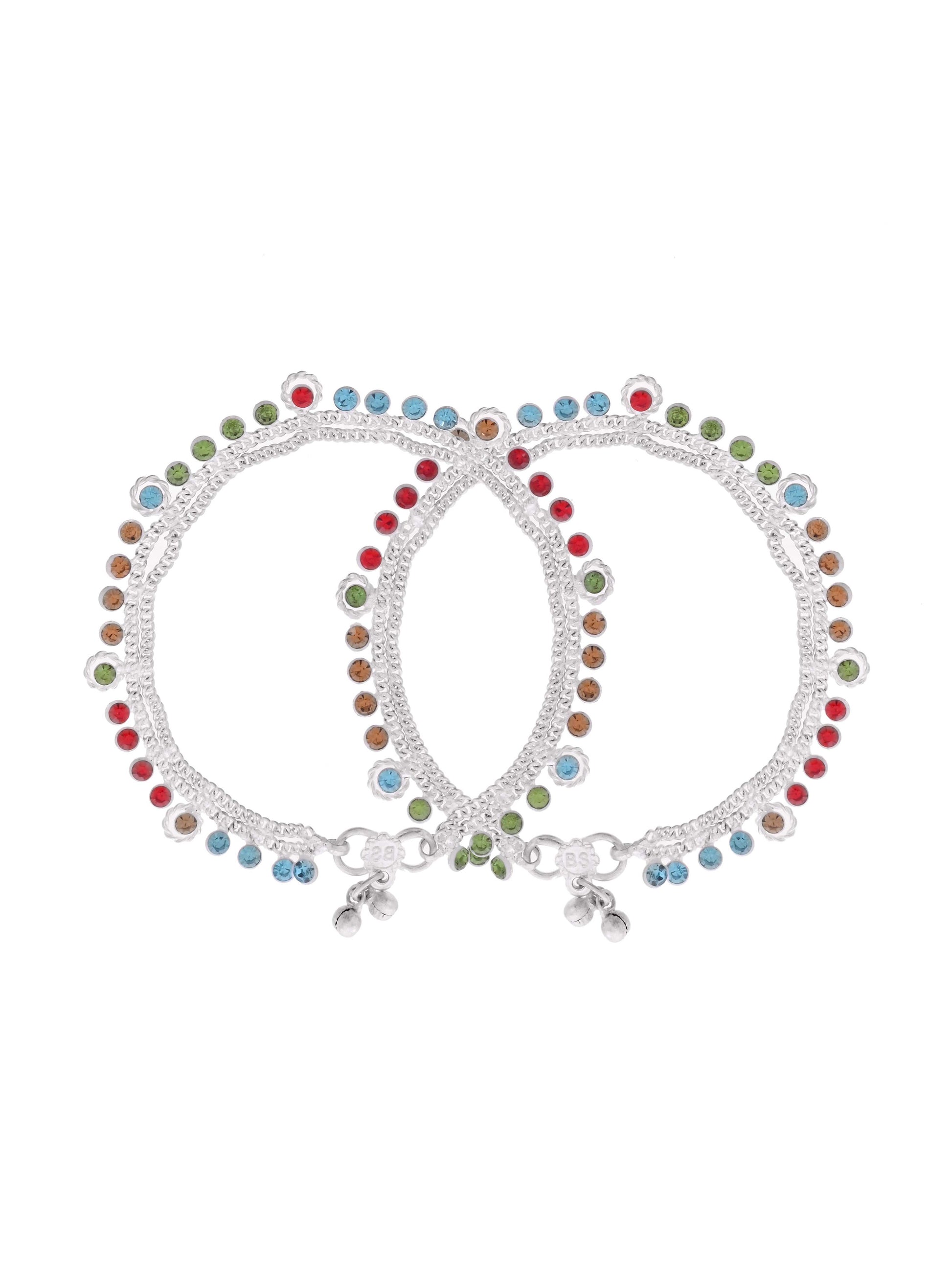 Silver-Toned Multicolor Crystal Anklet for Women | Adjustable Double Chain Payal