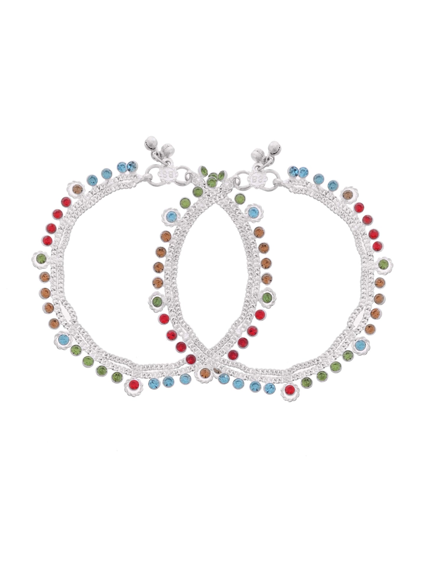 Silver-Toned Multicolor Crystal Anklet for Women | Adjustable Double Chain Payal