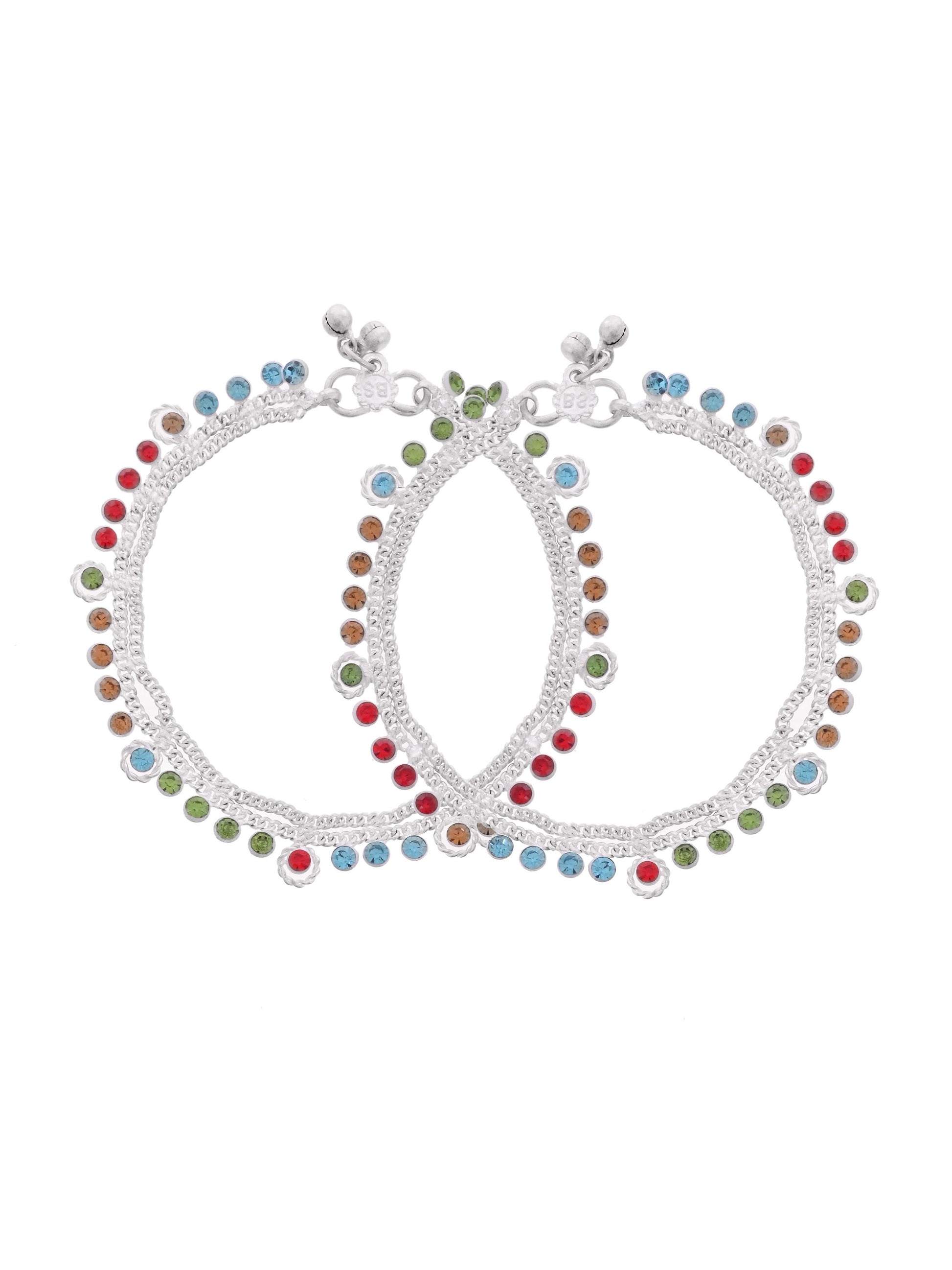 Silver-Toned Multicolor Crystal Anklet for Women | Adjustable Double Chain Payal