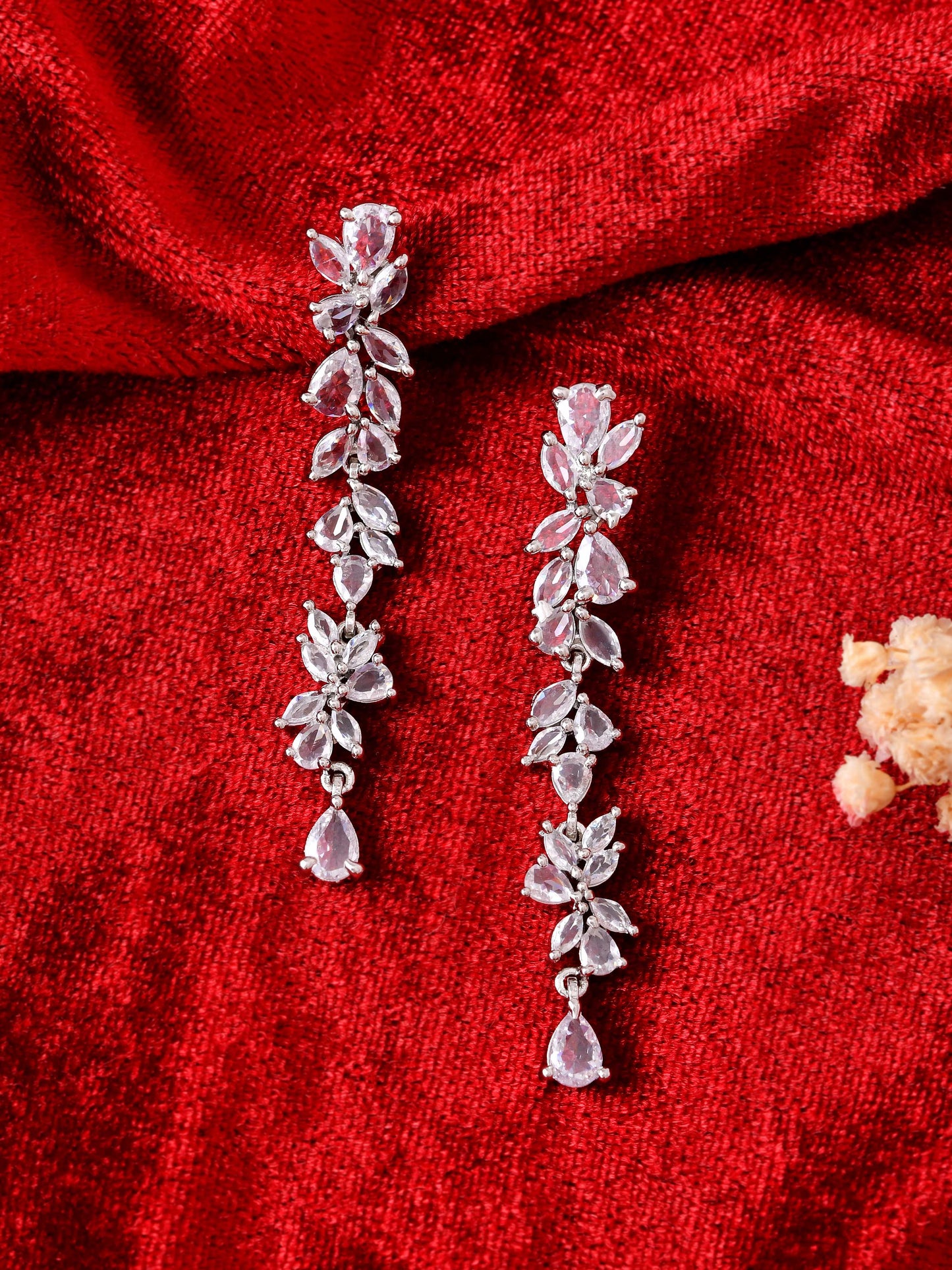 Silver-Toned Floral CZ Long Drop Earrings for Women | Party Wear Dangle Earrings | Statement Crystal Earrings