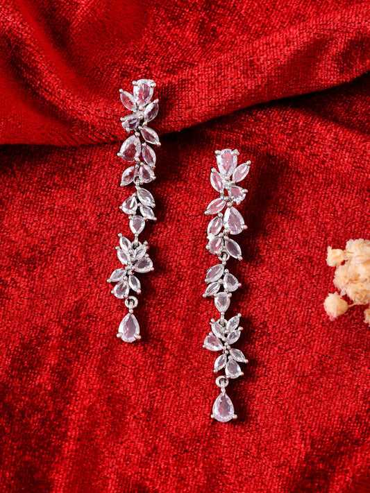 Silver-Toned Floral CZ Long Drop Earrings for Women | Party Wear Dangle Earrings | Statement Crystal Earrings