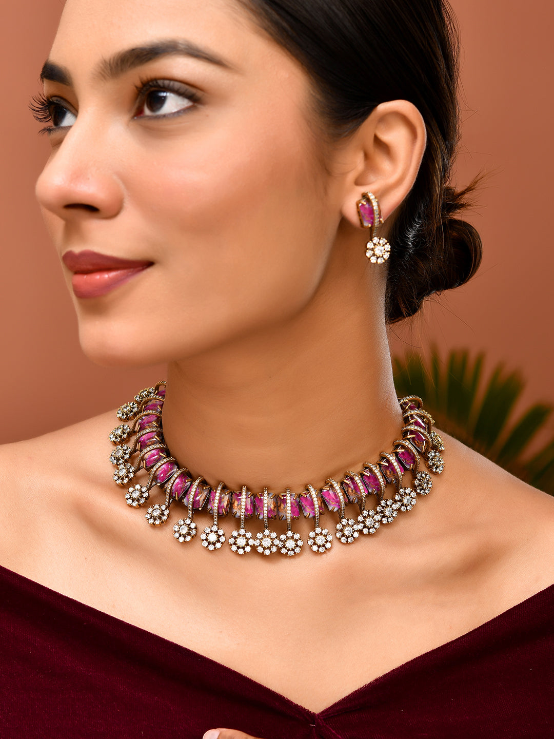 Ruby Pink Stone Floral CZ Necklace Set For Women | Partywear Jewellery