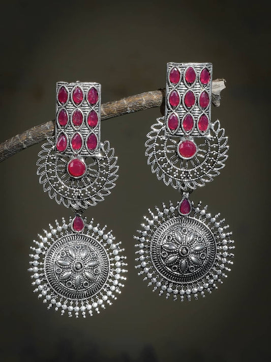 Bollywood Pink Oxidized Silver Long Dangler Drop Earrings for Women Online