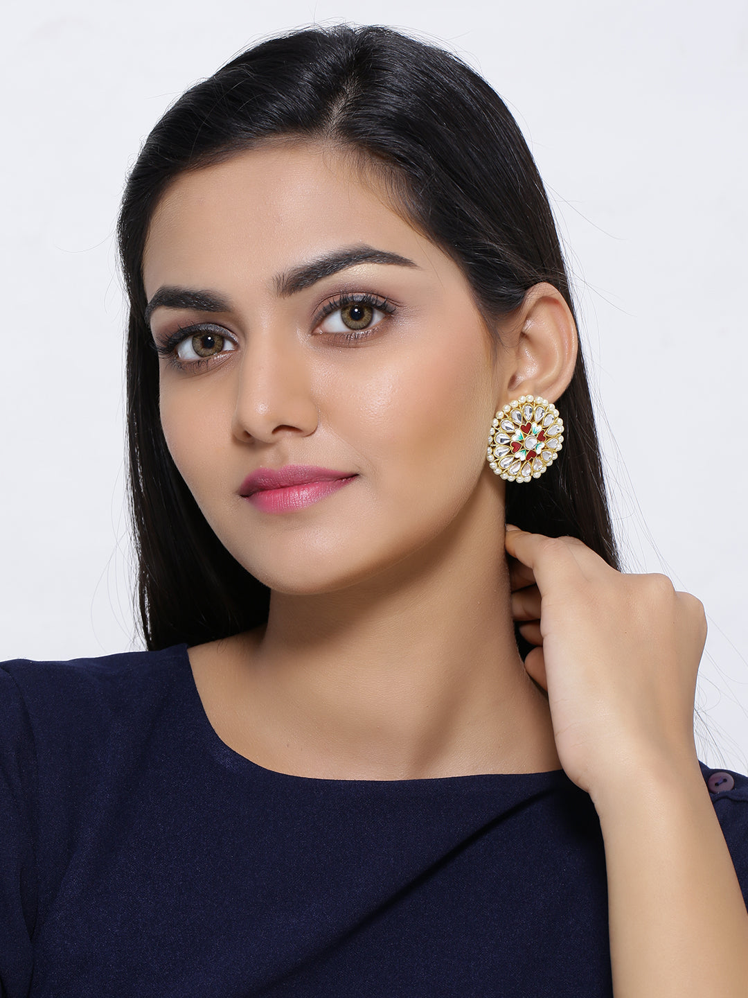 Kundan Pearl Round Gold Plated Stud Earrings For Girls