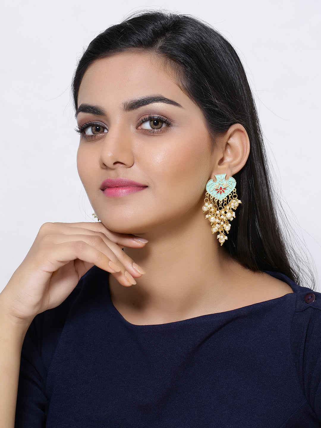 Indian Meenakari Pearl Gold Plated Drop Earrings For Womens