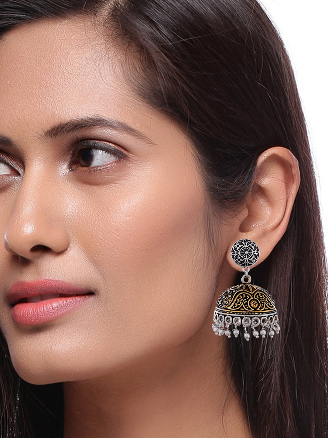 Silver Plated White Dome Shaped Jhumkas