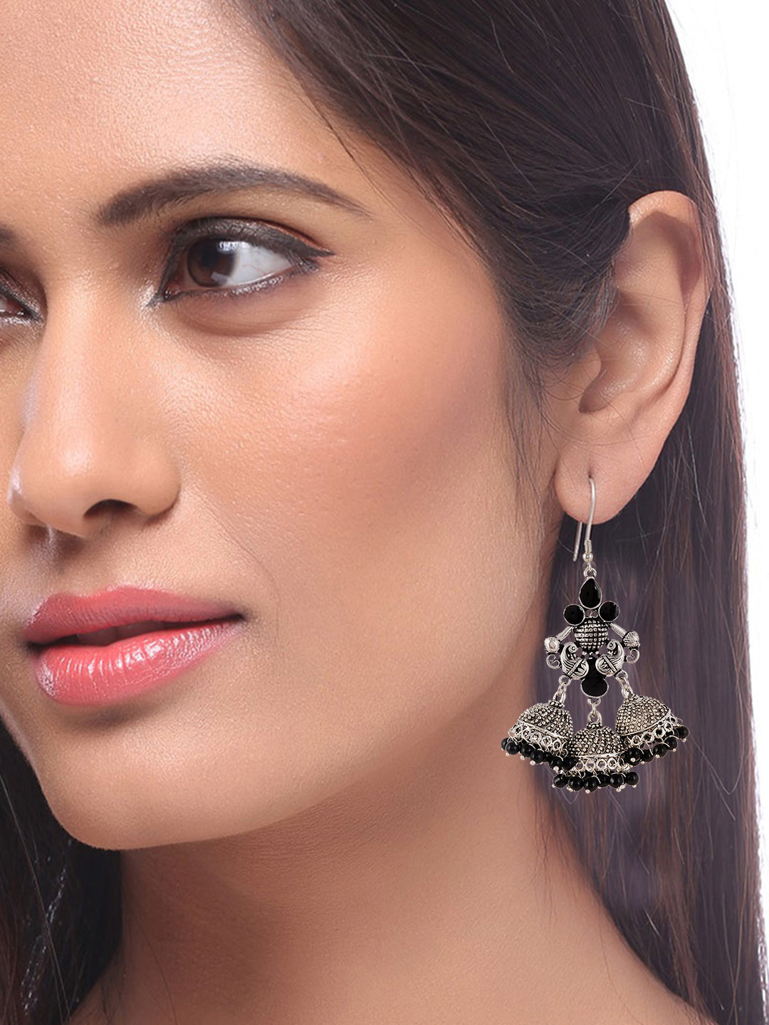 Silver Plated Black Dome Shaped Jhumkas