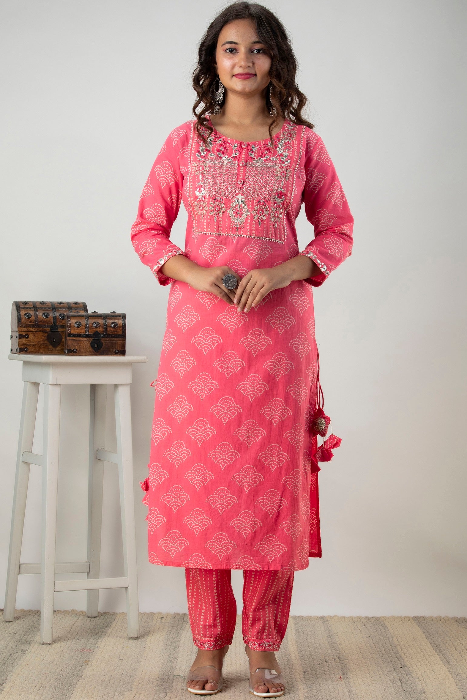 Cotton Zardozi With Mirror Work Kurta Set With Dupatta