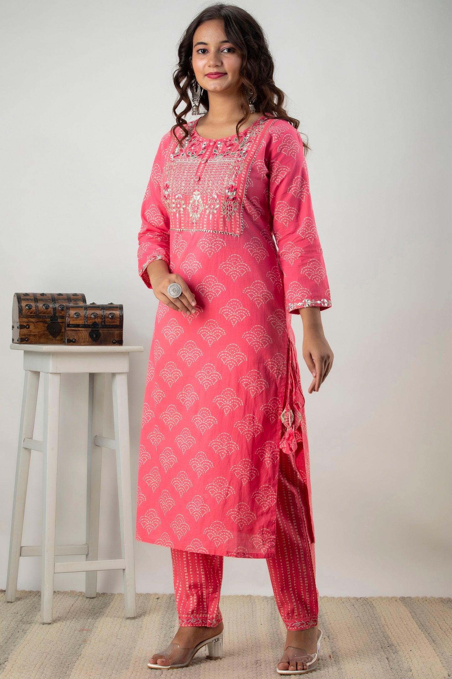 Cotton Zardozi With Mirror Work Kurta Set With Dupatta