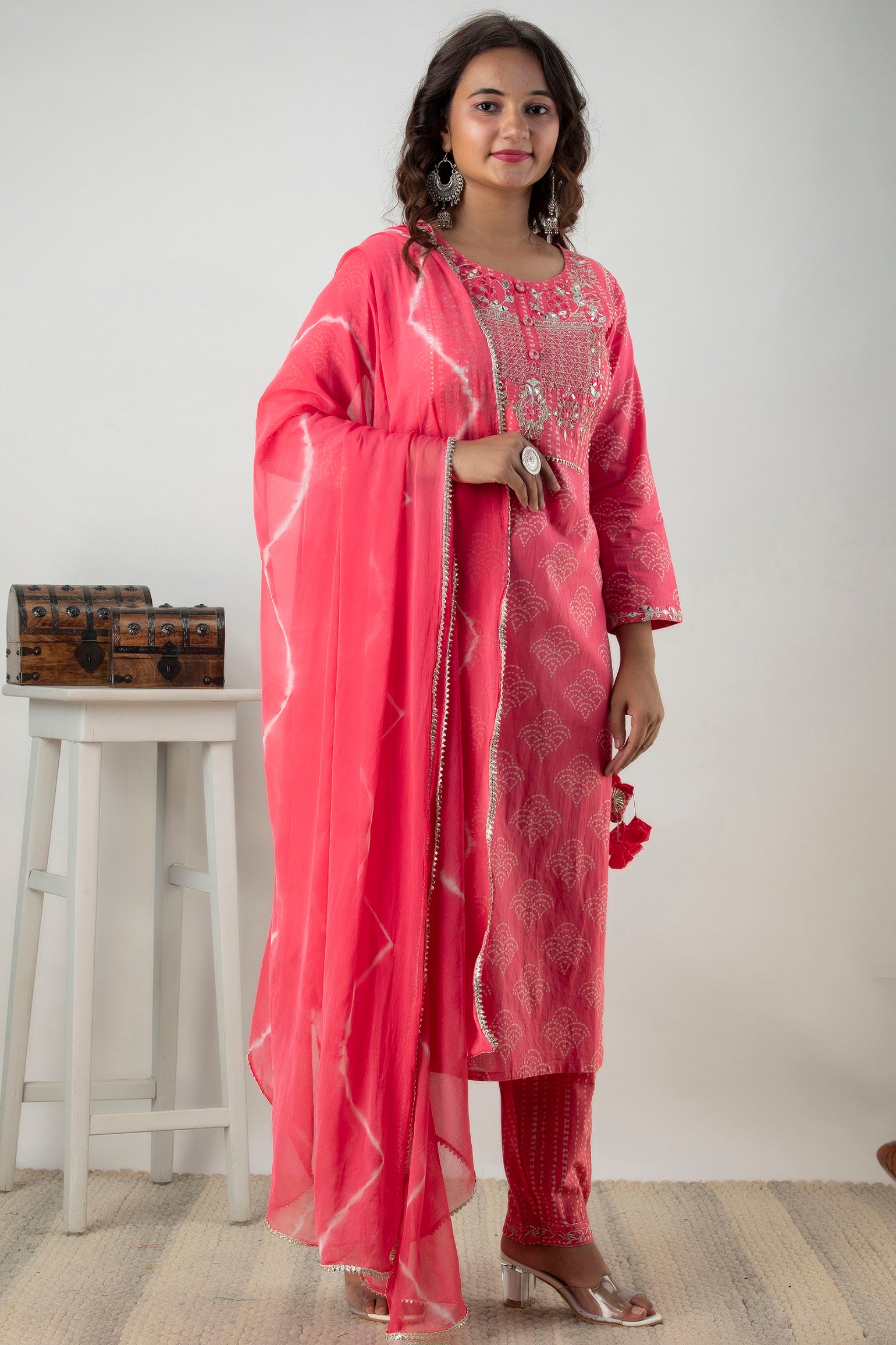 Cotton Zardozi With Mirror Work Kurta Set With Dupatta