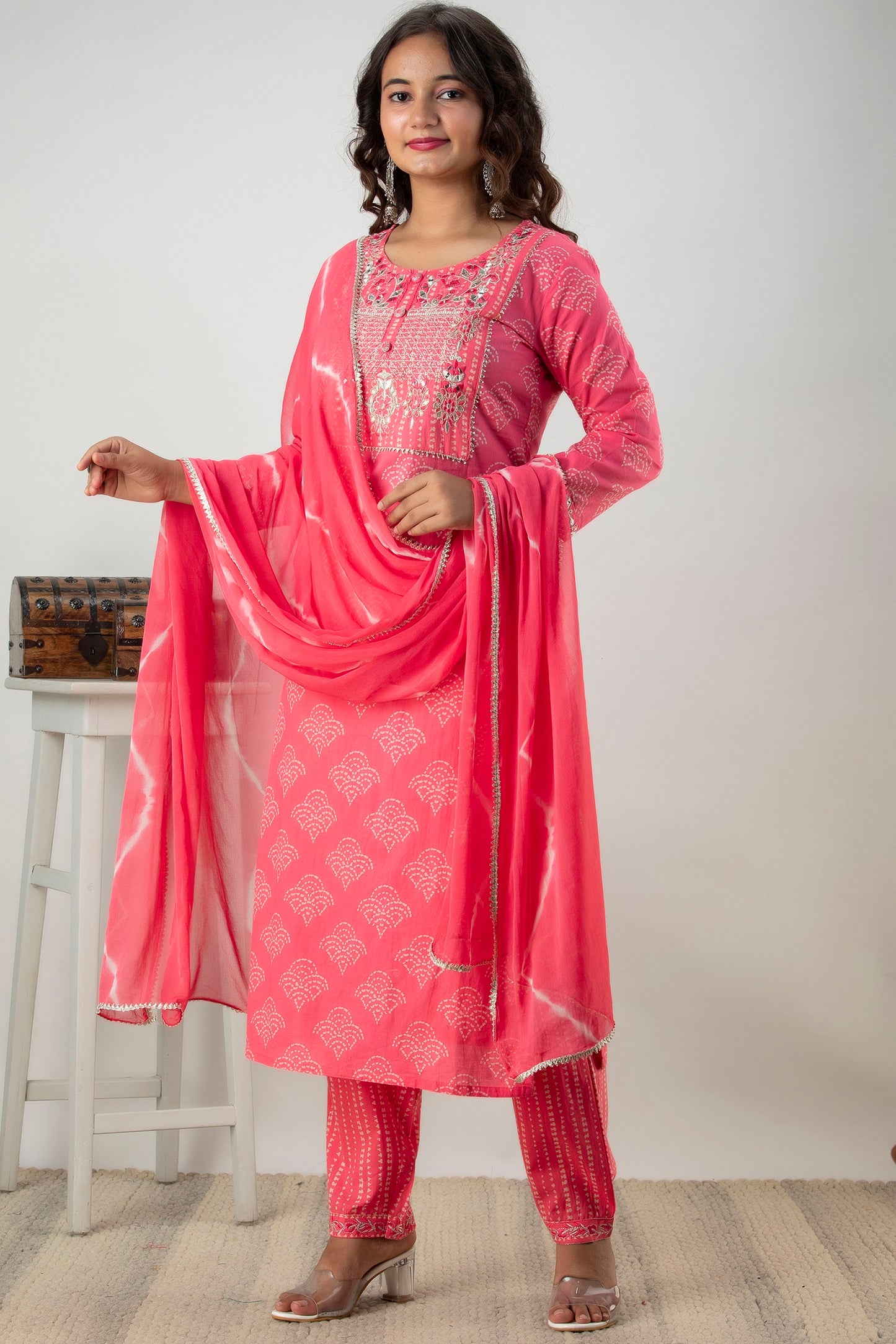 Cotton Zardozi With Mirror Work Kurta Set With Dupatta