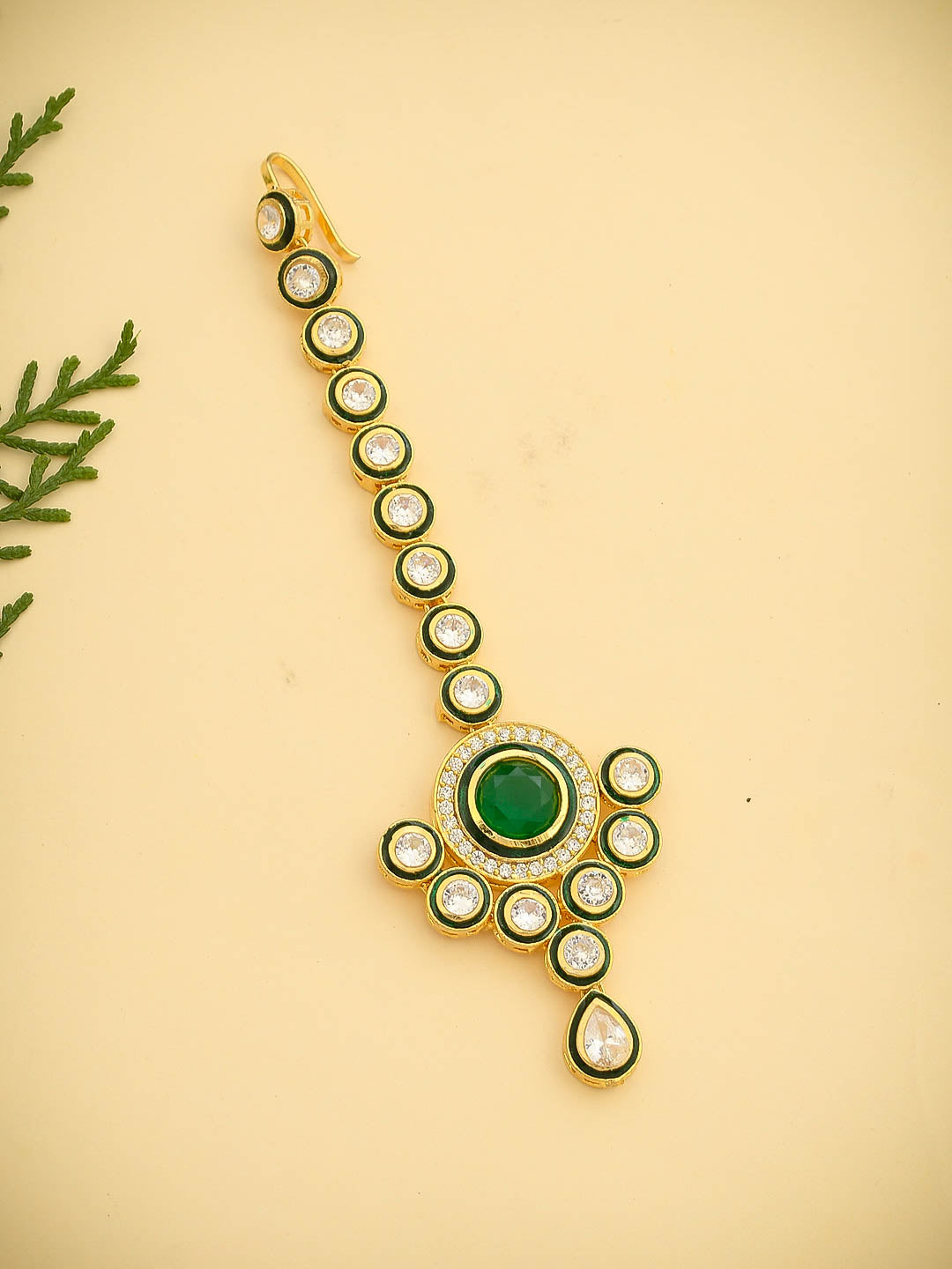 Traditional Emerald Green Gold Plated Kundan Maang Tikka Head Jewellery for Women Online