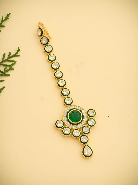 Gold Plated  Emerald Green Stone Stubbed Traditional Design Kundan Maang Tikka