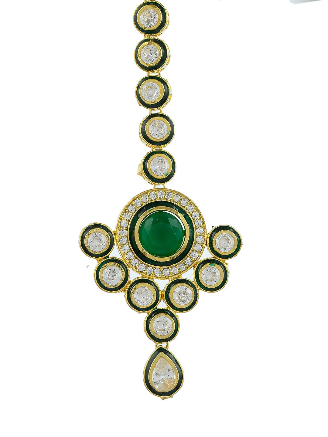 Traditional Emerald Green Gold Plated Kundan Maang Tikka For Girls Women
