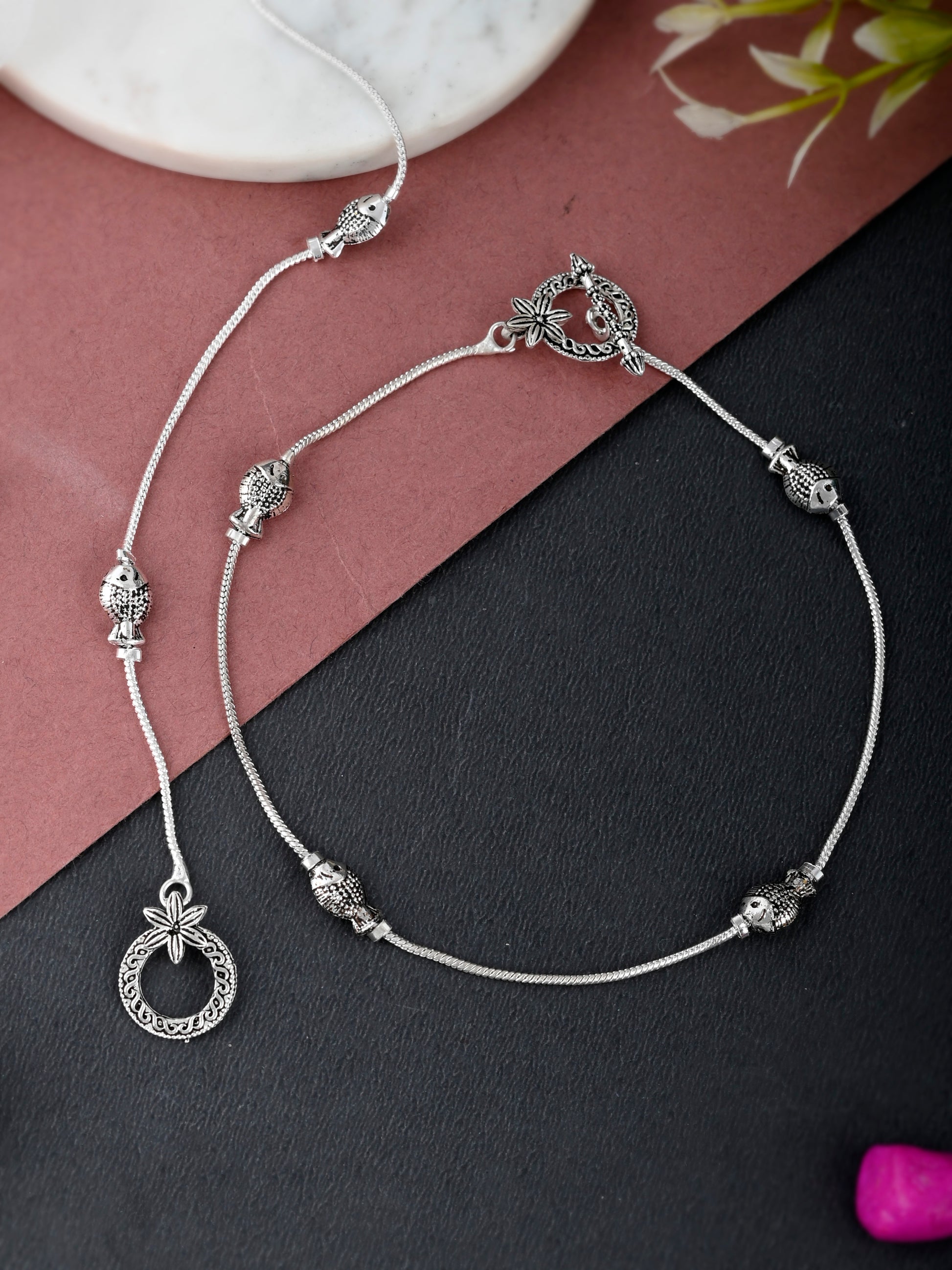 Silver Toned Handcrafted Anklet With Fish Charm Beads for Women Online