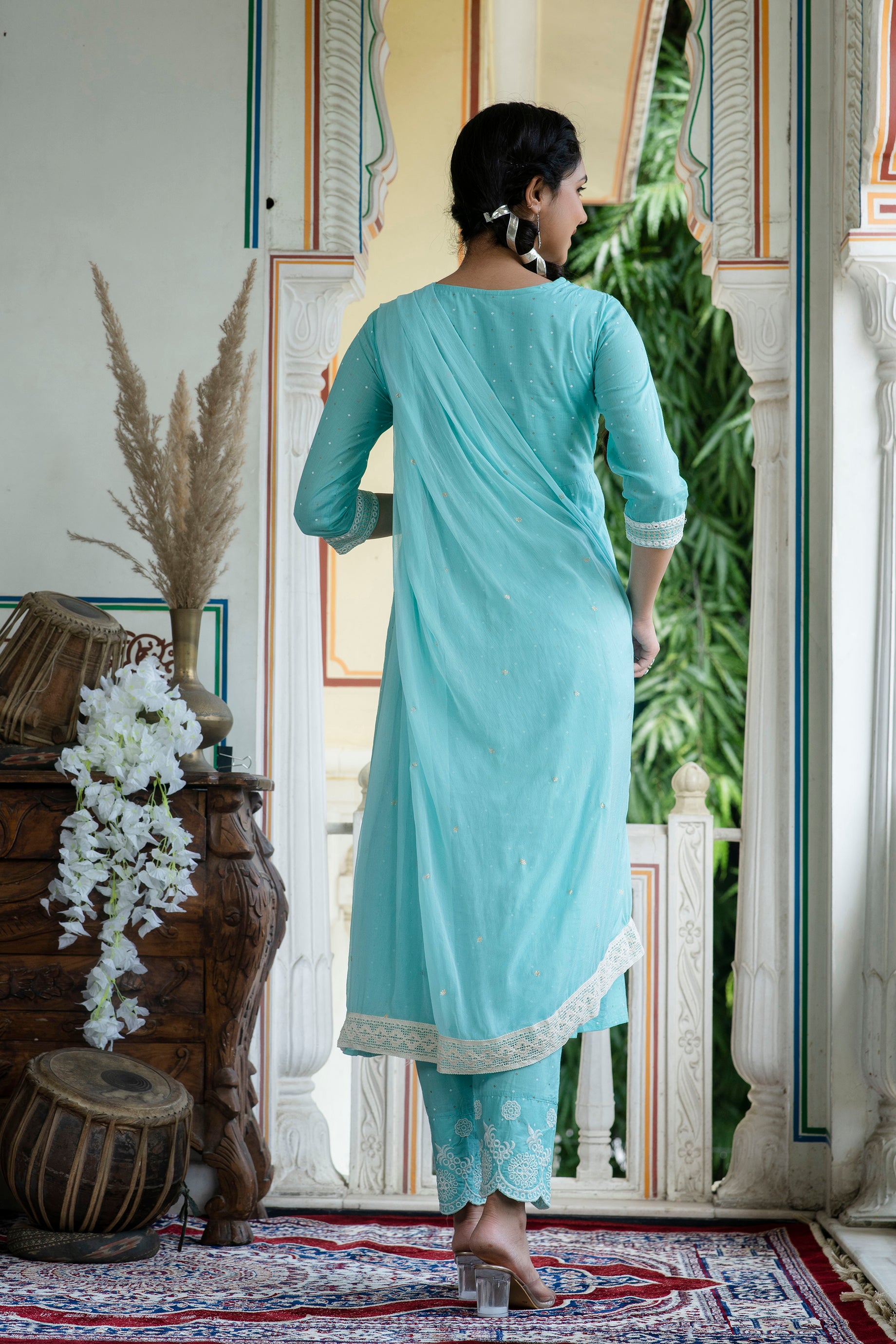 Mulmul Cotton Zari Embroider Sequinced Kurta Trouser With Dupatta