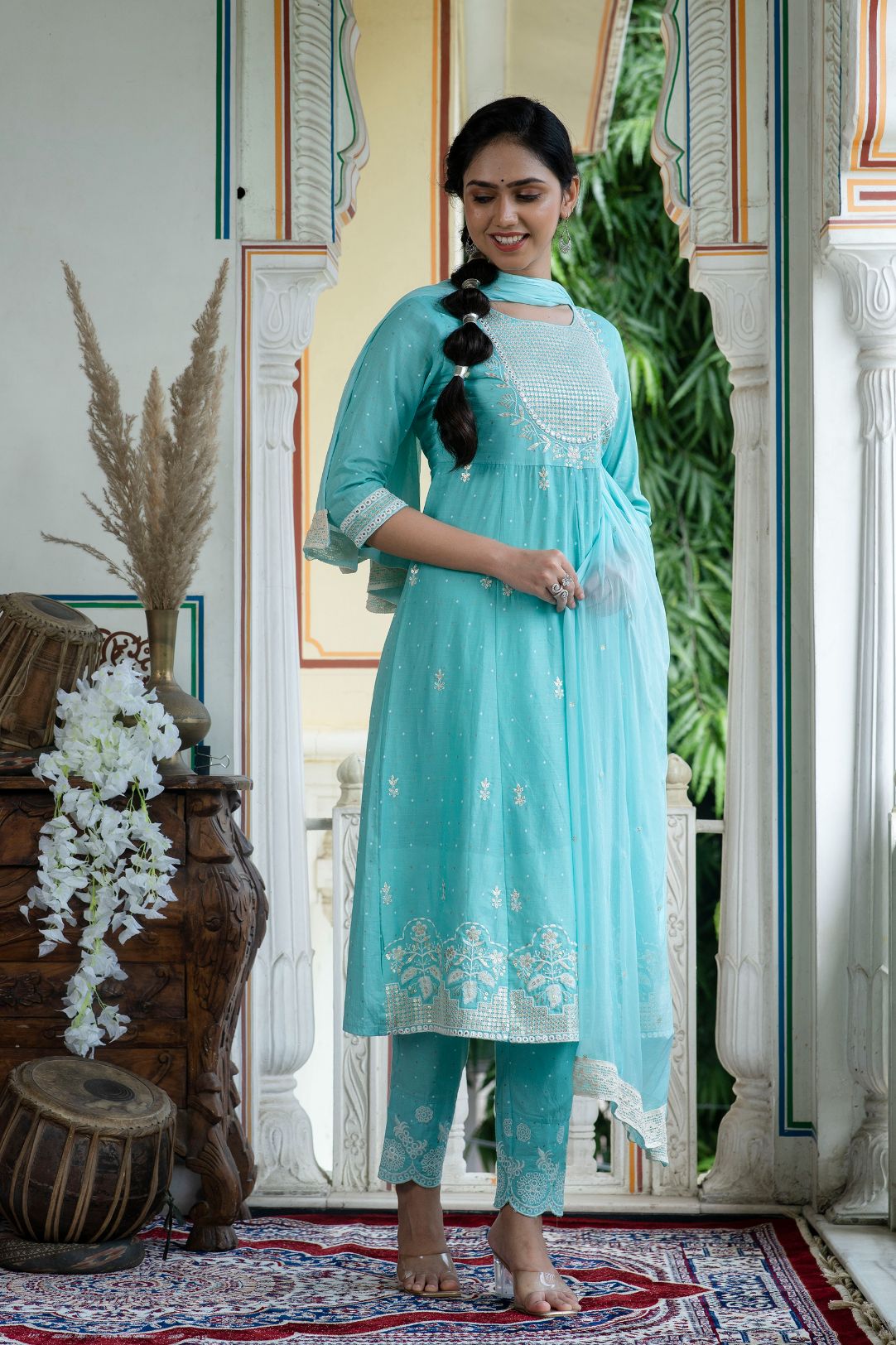 Mulmul Cotton Zari Embroider Sequinced Kurta Trouser With Dupatta