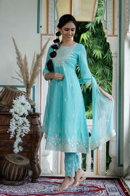 Mulmul Cotton Zari Embroider Sequinced Kurta Set Trouser With Dupatta for Women Online
