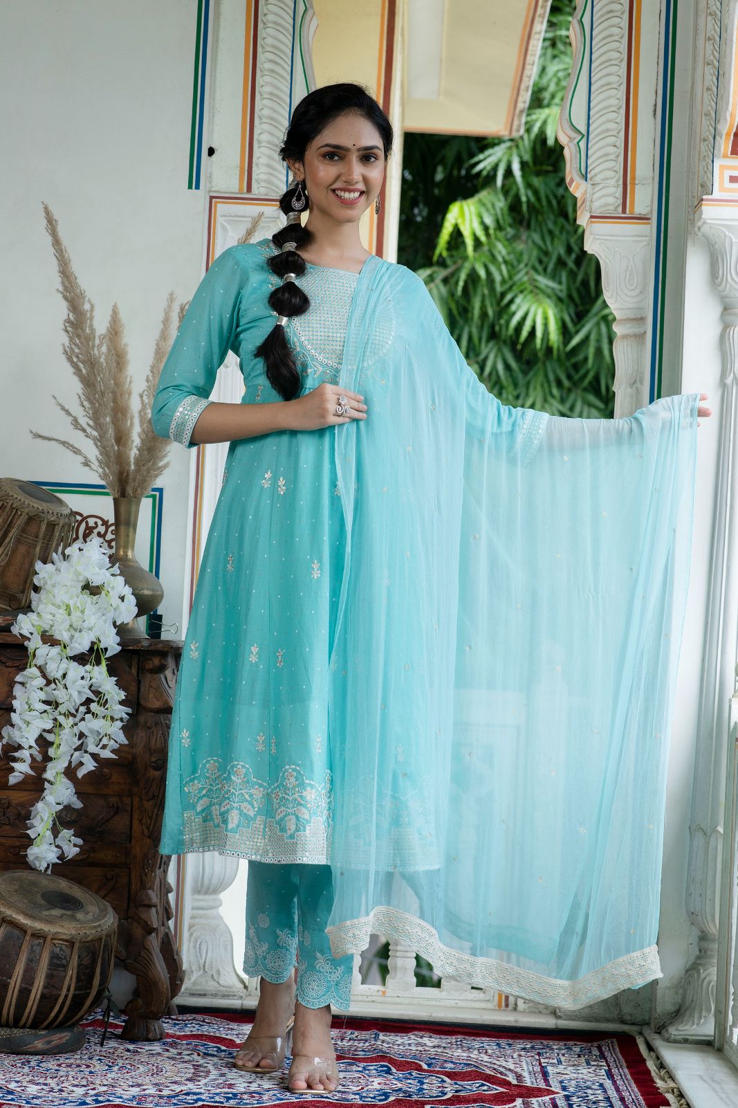 Mulmul Cotton Zari Embroider Sequinced Kurta Trouser With Dupatta