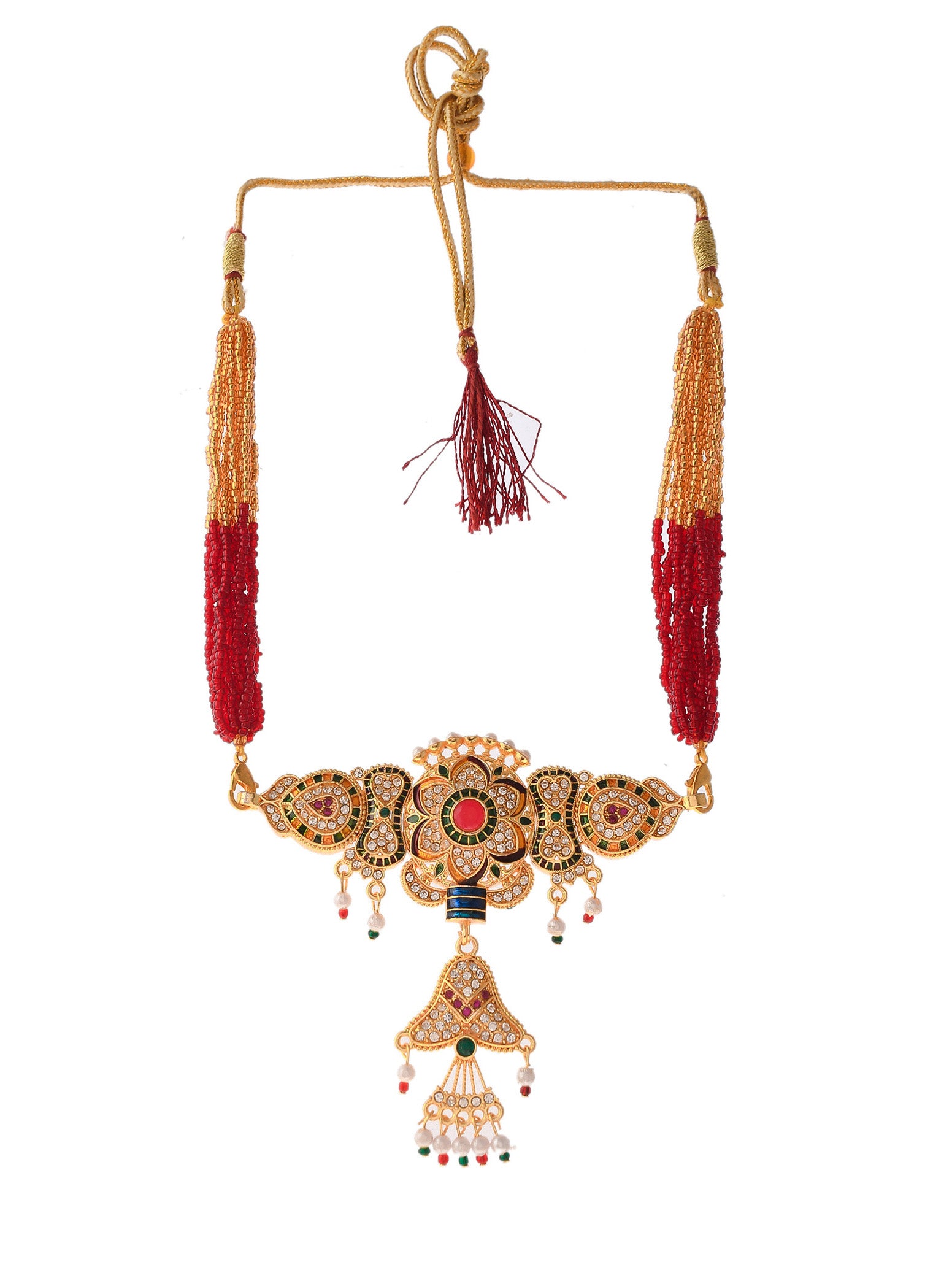 Gold Plated Rajputi Ethnic Layered Red Beads Long gold plated necklace