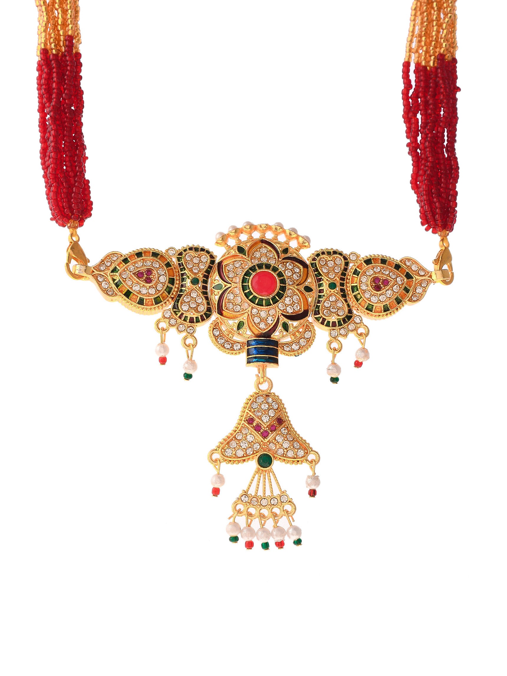 Gold Plated Rajputi Ethnic Layered Red Beads Long gold plated necklace