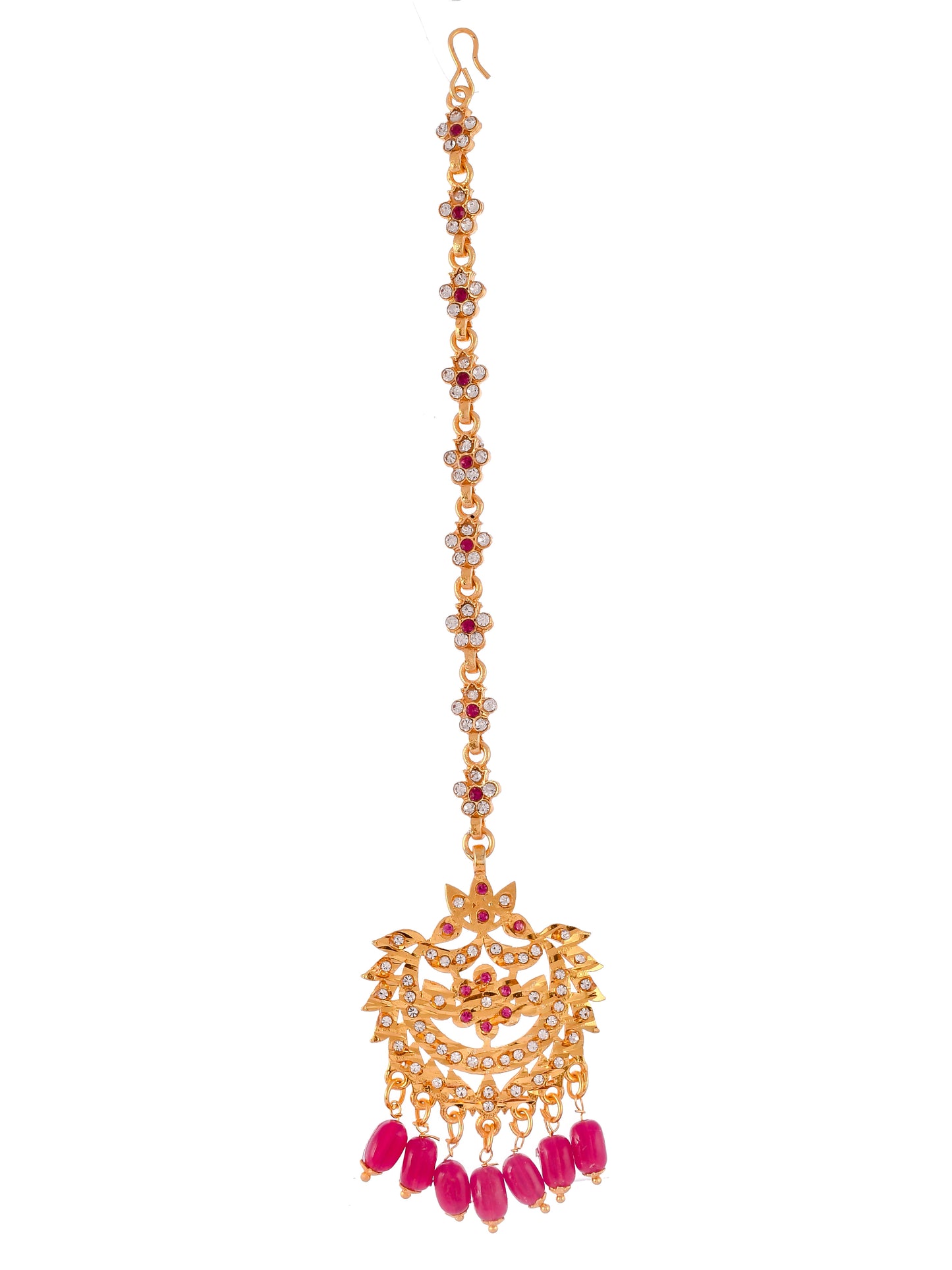 Gold plated white & Maroon studded & beaded Women handcrafted mang tikka