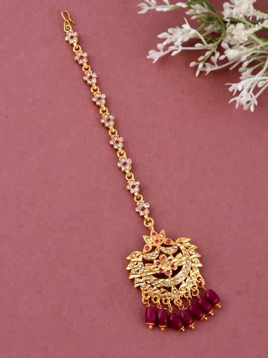 Gold Plated White & Maroon Studded & Beaded Women Handcrafted Mang Tikka Head Jewellery for Women Online